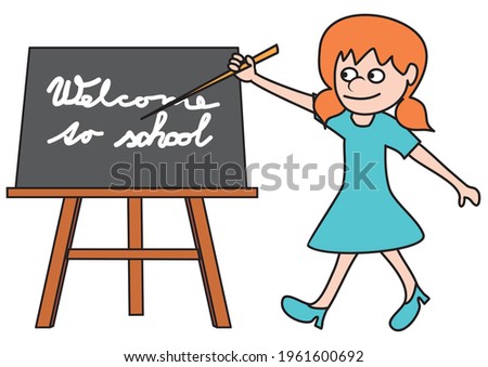 Welcome to school, teacher with a pointer, funny vector conceptual illustration