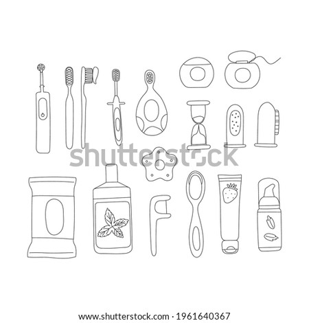 Kids and babies oral care vector set. Hand drawn cute line illustration of dental hygiene tools for child. 