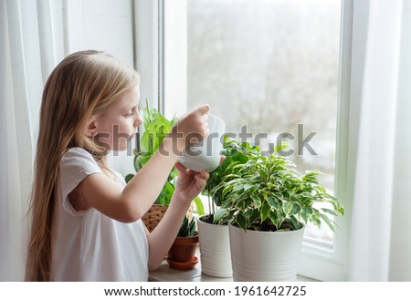 Little girl watering houseplants in her house Royalty-Free Stock Photo #1961642725