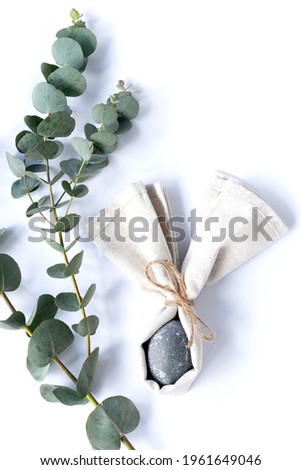 Сreative photo with easter egg and eucalyptus.
