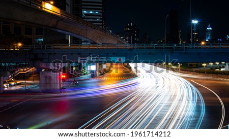 The night traffic at Bangkok night. 
 สะพานไทย - ญี่ปุ่น (Translation: Thai - Japanese bridge)