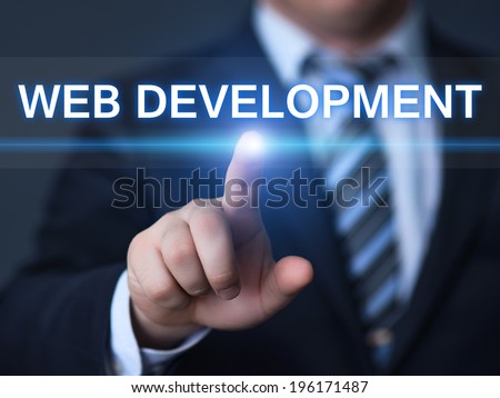 business, technology, internet and networking concept - businessman pressing web development button on virtual screens