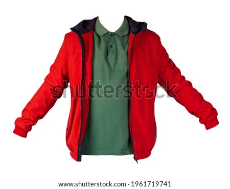 men's  green t-shirt and red jacket zipper  isolated on white background.casual clothing