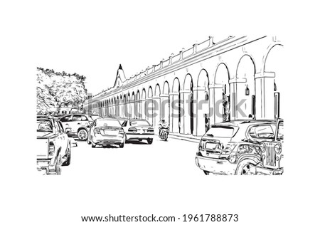Building view with landmark of Cartagena is a port city on Colombia. Hand drawn sketch illustration in vector.