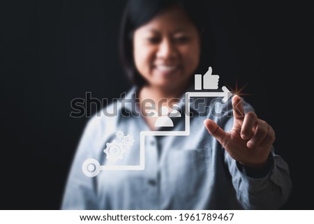 Business woman smile creative idea presentation technology drawing graph inspiration growth investment marketing, Female smile and touching target graph on success conceptual abstract background.