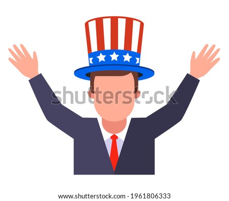 joyful American in a hat with his hands up. flat vector illustration isolated on white background.