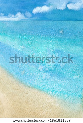 Sandy beach and ocean. Hand drawn watercolor painting illustration.