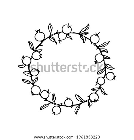 Vector illustration of hand drawn pomegranate wreath. Ink drawing, floral elements, graphic style. Beautiful wedding or greetings design element