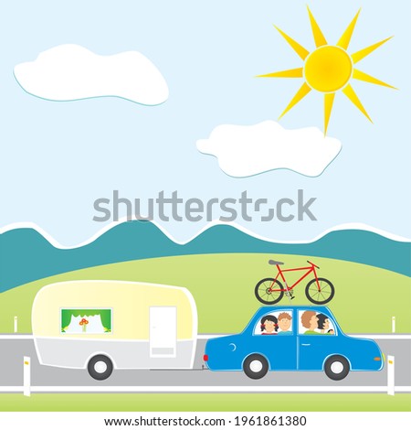 people  at car with trailer, at background field and mountain with sky,  vector illustration