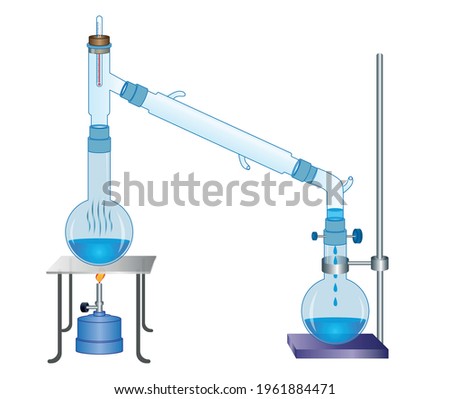 Distillation vector illustration. Drawing with boiling and concentrator bottles and equipment. Royalty-Free Stock Photo #1961884471