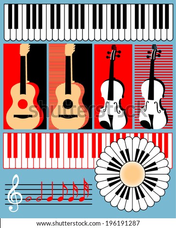 Keyboard, guitar, violin, treble clef, note - vector symbols