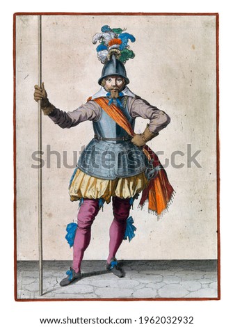 A full-length soldier holding a spear (lance) upright with his right hand