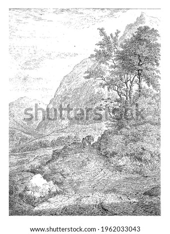 Mountain landscape with a figure and pack mule on a road.