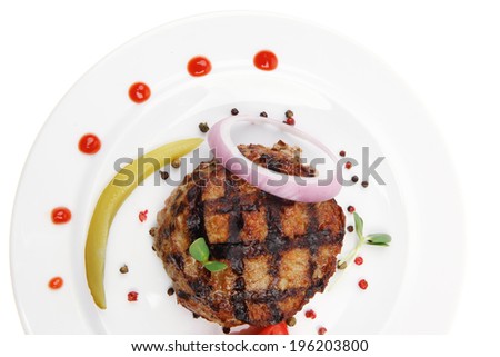 extra thick hot beef meat hamburger dinner on white plate with tomatoes salad and ketchup isolated on white background