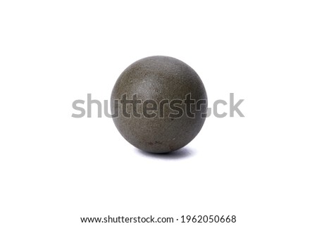 Gray trackball with cracks and scratches on the surface, photographed against a white background close-up Royalty-Free Stock Photo #1962050668