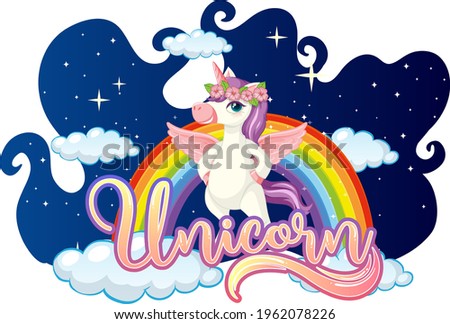 A Fairy Tale font with unicorn cartoon character standing on a cloud illustration