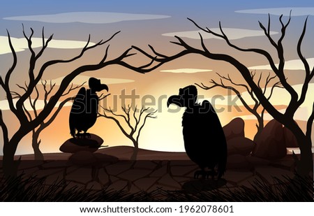 Silhouette Vulture and Forest Scene at sunset time illustration