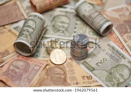 India Currency Notes with coins