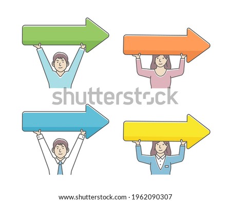 Young person holding arrow sign vector illustration set
