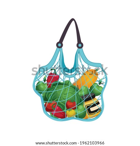 Shopping bag basket composition with isolated image of food in string bag vector illustration