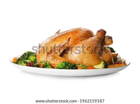 Roasted chicken with oranges and vegetables isolated on white Royalty-Free Stock Photo #1962159187