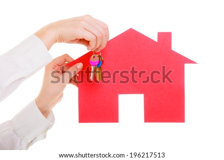 Woman real estate agent holding red paper house and keys. Property business and accomodation or home buying ownership concept, isolated on white background