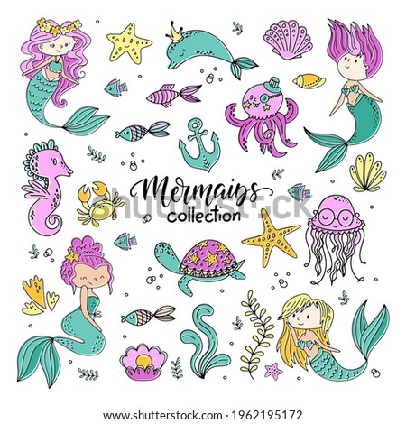 Vector Mermaids collection with under water cute characters jellyfish, dolphin, seahorse, turtle. Perfect for children party decorations.