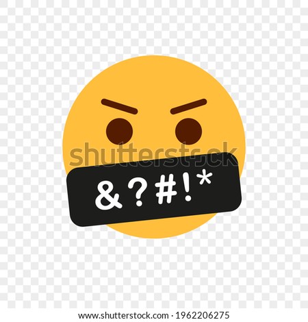 Yellow Angry Face Emoji. Obscene Language. Swearing or Vulgar Word on black bar. Bad Word and Behaviour. Swearing Emoticon icon. Emoji icon with Censored black bar. Vector illustration. Royalty-Free Stock Photo #1962206275
