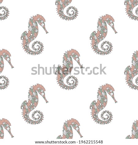 Seamless pattern in zen art style with sea horses on white background