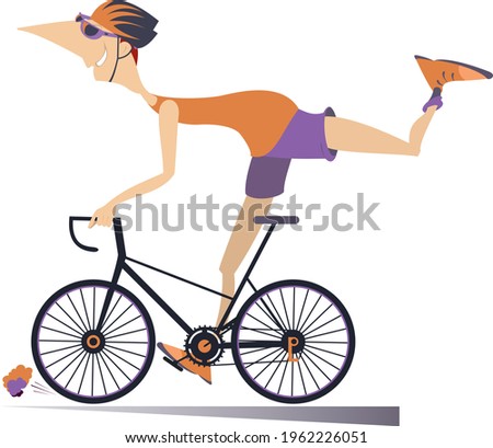 Comic young man rides a bike illustration. 
Smiling man in helmet and sunglasses rides a bike and looks healthy and happy isolated on white
