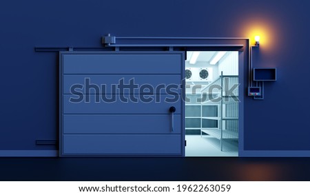 Open warehouse door. Freezing of products. Refrigeration room in stock products. Refrigeration equipment. Freezer with an automatic door. Storage of goods on warehouse shelves. Royalty-Free Stock Photo #1962263059