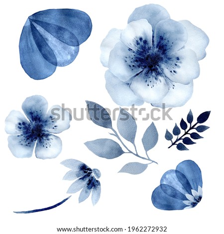 Blue flowers and leaves are hand-drawn. Isolated on white background. For party and wedding invitations, greeting cards, birthday projects, flyers, brochures, covers, presentations, print 