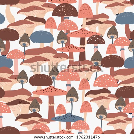 Seamless natural pattern, drawing of a forest mushrooms, plants, chanterelles, brown  color, design on white background. Vector illustration, botanical elements, style of minimalist, hand drawn. 