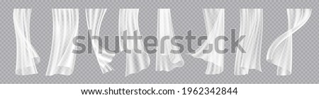 Window curtains. Realistic flowing cloth with wind breeze effect. Interior decorative elements. Elegant lightweight drapes template. Hanging fabric set. Vector room design accessories Royalty-Free Stock Photo #1962342844