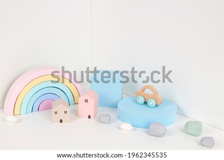 Composition of colorful educational baby kid toys and geometric shapes podium, platform on white background