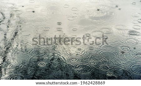 The texture of raindrops and circles on the water during heavy rain.                                Royalty-Free Stock Photo #1962428869