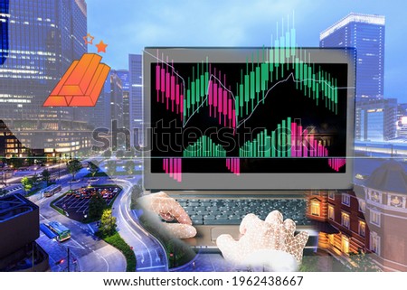 Businessman  working divergence at night office.Technical price graph and indicator, red and green candlestick chart and stock trading computer screen background. Double exposure.