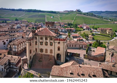 Aerial view of the village of Barolo with its castle, which is home to the wine museum. Piedmont, Italy.