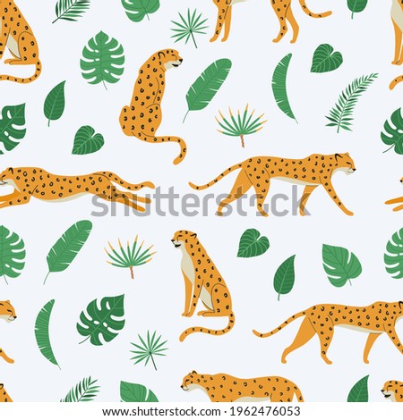 Seamless pattern of cheetahs or leopards and tropical exotic leaves. Background with Jungle wild animals. Vector illustration