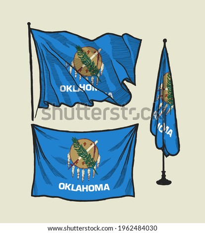 Flag of Oklahoma on the wind and on the wall hand drawn illustration set.