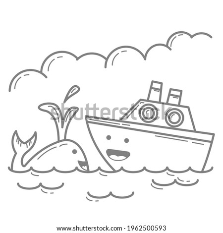 Illustration vector graphic cartoon character of Whale and Ship in outline doodle art kawaii style. Suitable for children coloring book.