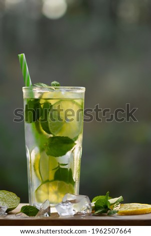 Cold refreshing homemade lemonade with mint, lemon and lime in a glass, copyspace, vertical image