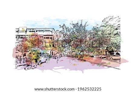 Building view with landmark of Chandigarh is the 
city in India. Watercolor splash with hand drawn sketch illustration in vector.