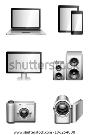 Set of 6 black and white computers and electronics icons.