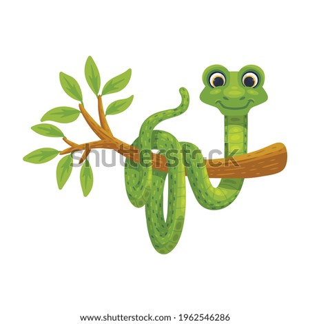 Cartoon character of green snake hanging on tree branch, flat vector illustration isolated on white background. Comic humor image of smiling funny snake on tree.