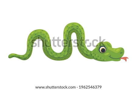 Funny cartoon green smiling snake. Cute animal, reptile of wild tropical nature. Flat vector isolated illustration for kids design