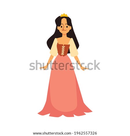 Pretty princess cartoon character in medieval corsage dress, flat vector illustration isolated on white background. Princess woman for fairy birthday and costume party.
