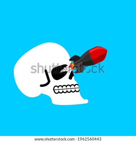 Skull and missile. Head of skeleton releases military rockets. War  