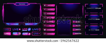 Vector streaming screen panel overlay game template neon theme. Live video, online stream futuristic technology style. Abstract digital user interface. Live streaming button. Vector 10 eps Royalty-Free Stock Photo #1962567622