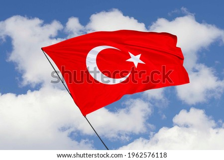 Turkey flag isolated on sky background with clipping path. close up waving flag of Turkey. flag symbols of Turkey.